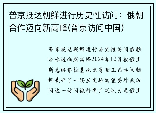 普京抵达朝鲜进行历史性访问：俄朝合作迈向新高峰(普京访问中国)