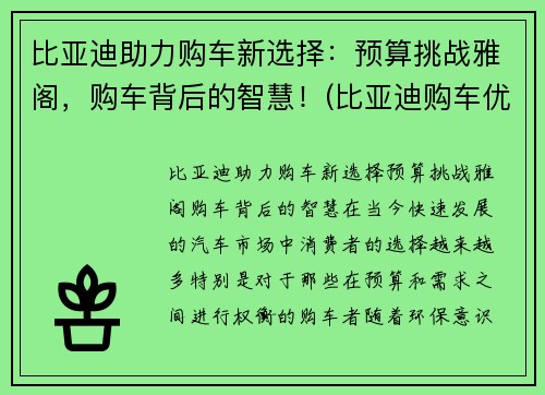 比亚迪助力购车新选择：预算挑战雅阁，购车背后的智慧！(比亚迪购车优惠政策)