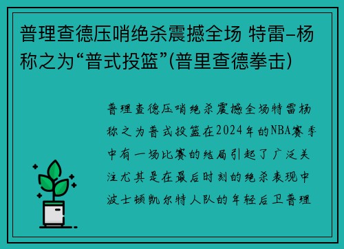 普理查德压哨绝杀震撼全场 特雷-杨称之为“普式投篮”(普里查德拳击)
