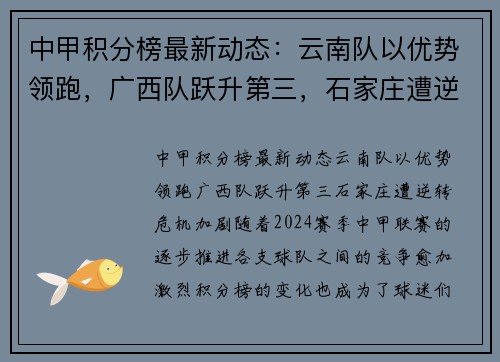 中甲积分榜最新动态：云南队以优势领跑，广西队跃升第三，石家庄遭逆转危机加剧